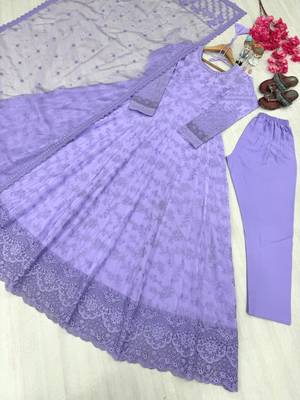 Purple faux georgette embroidered flared gown set 3
