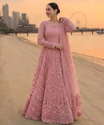 Pink faux georgette embroidered flared gown set 1