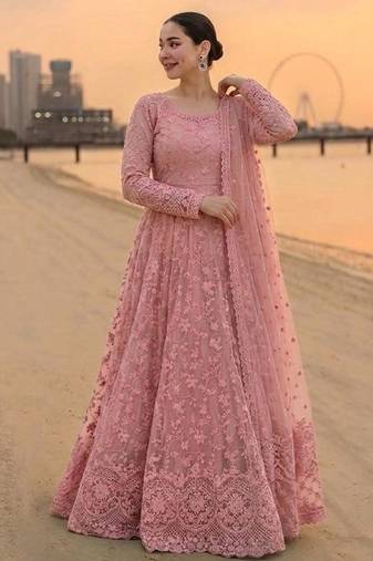 Pink faux georgette embroidered flared gown set