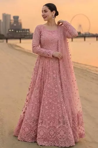 Pink faux georgette embroidered flared gown set