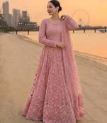 Pink faux georgette embroidered flared gown set