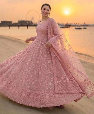 Pink faux georgette embroidered flared gown set 2