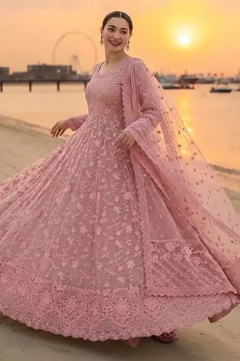 Pink faux georgette embroidered flared gown set