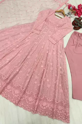 Pink faux georgette embroidered flared gown set