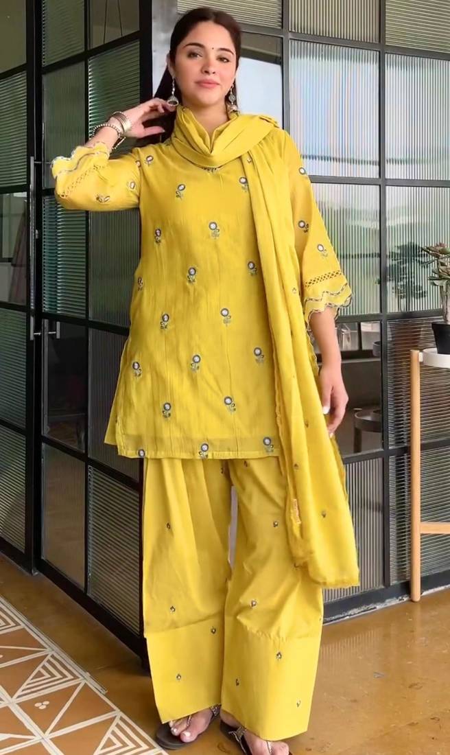 Yellow chanderi embroidered farshi salwar set
