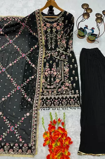Black faux georgette embroidered palazzo set