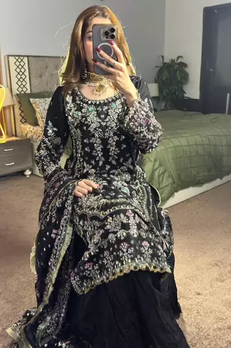 Black faux georgette embroidered palazzo set