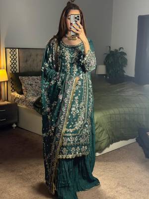 Green faux georgette embroidered palazzo set 1