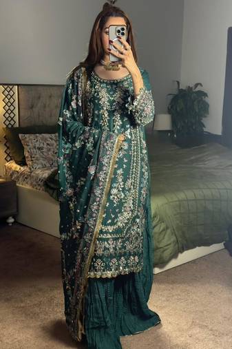 Green faux georgette embroidered palazzo set