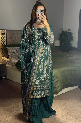 Green faux georgette embroidered palazzo set