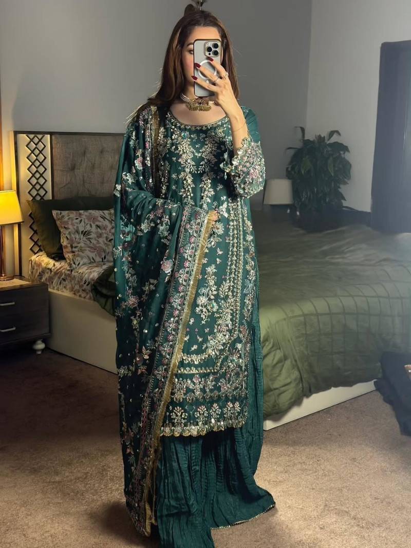 Green faux georgette embroidered palazzo set