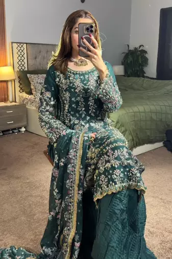 Green faux georgette embroidered palazzo set