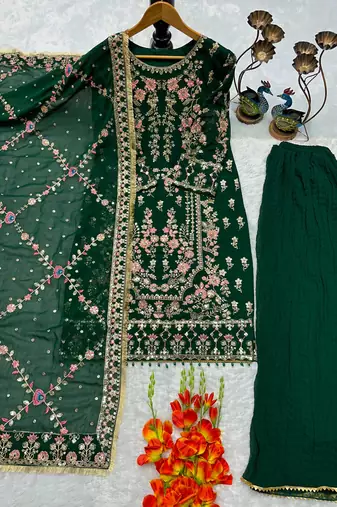 Green faux georgette embroidered palazzo set