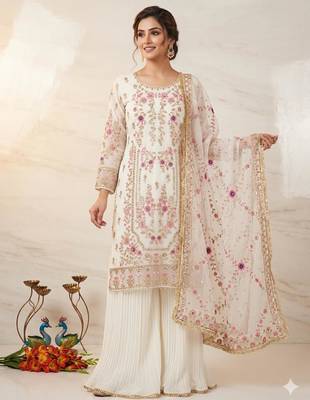 White faux georgette embroidered palazzo set 1