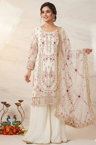 White faux georgette embroidered palazzo set