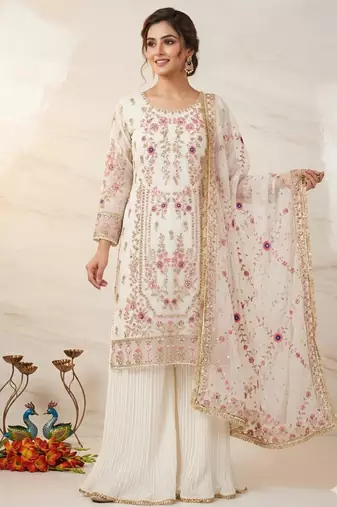 White faux georgette embroidered palazzo set