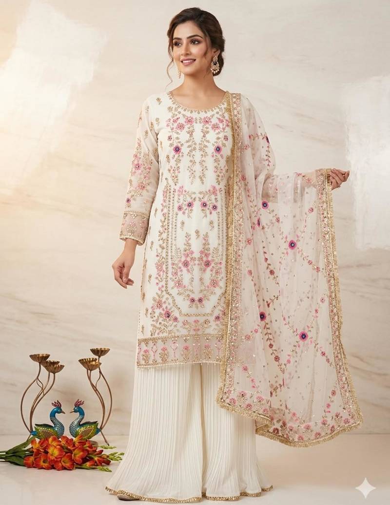 White faux georgette embroidered palazzo set