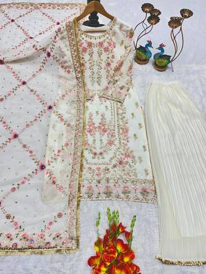 White faux georgette embroidered palazzo set 2