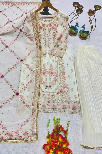 White faux georgette embroidered palazzo set