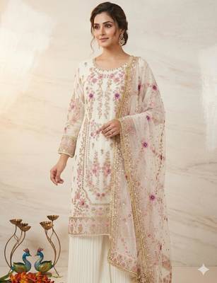 White faux georgette embroidered palazzo set 3