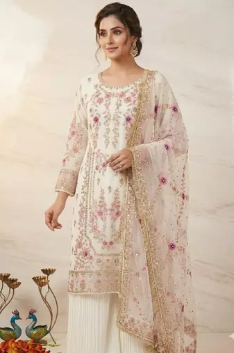 White faux georgette embroidered palazzo set
