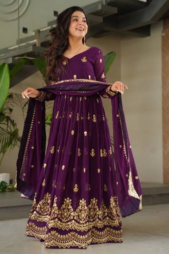 Purple faux georgette embroidered flared gown set