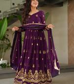 Purple faux georgette embroidered flared gown set