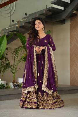 Purple faux georgette embroidered flared gown set 2