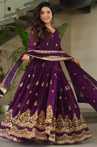 Purple faux georgette embroidered flared gown set