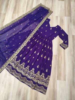 Purple faux georgette embroidered flared gown set 4