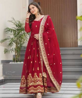Maroon faux georgette embroidered flared gown set 1