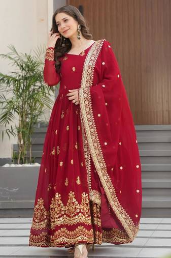 Maroon faux georgette embroidered flared gown set