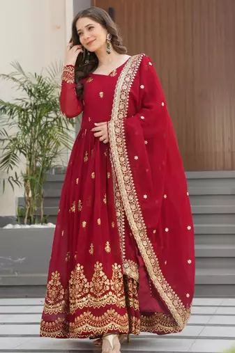 Maroon faux georgette embroidered flared gown set