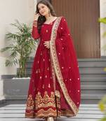 Maroon faux georgette embroidered flared gown set