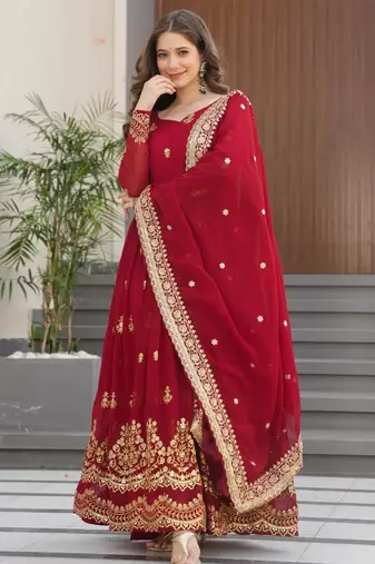 Maroon faux georgette embroidered flared gown set