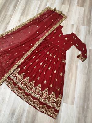 Maroon faux georgette embroidered flared gown set 4