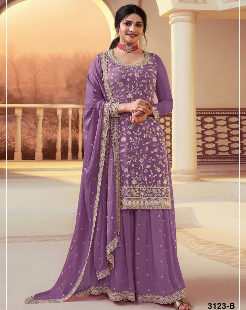 Purple silk blend embroidered palazzo set
