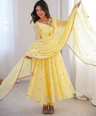 Yellow faux georgette embroidered flared gown set 3