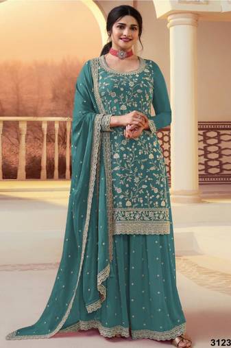 Green silk blend embroidered palazzo set
