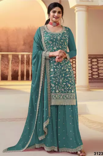 Green silk blend embroidered palazzo set