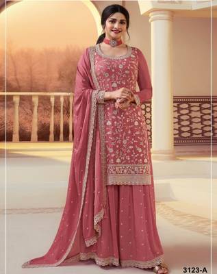 Peach silk blend embroidered palazzo set 1
