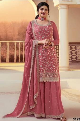 Peach silk blend embroidered palazzo set