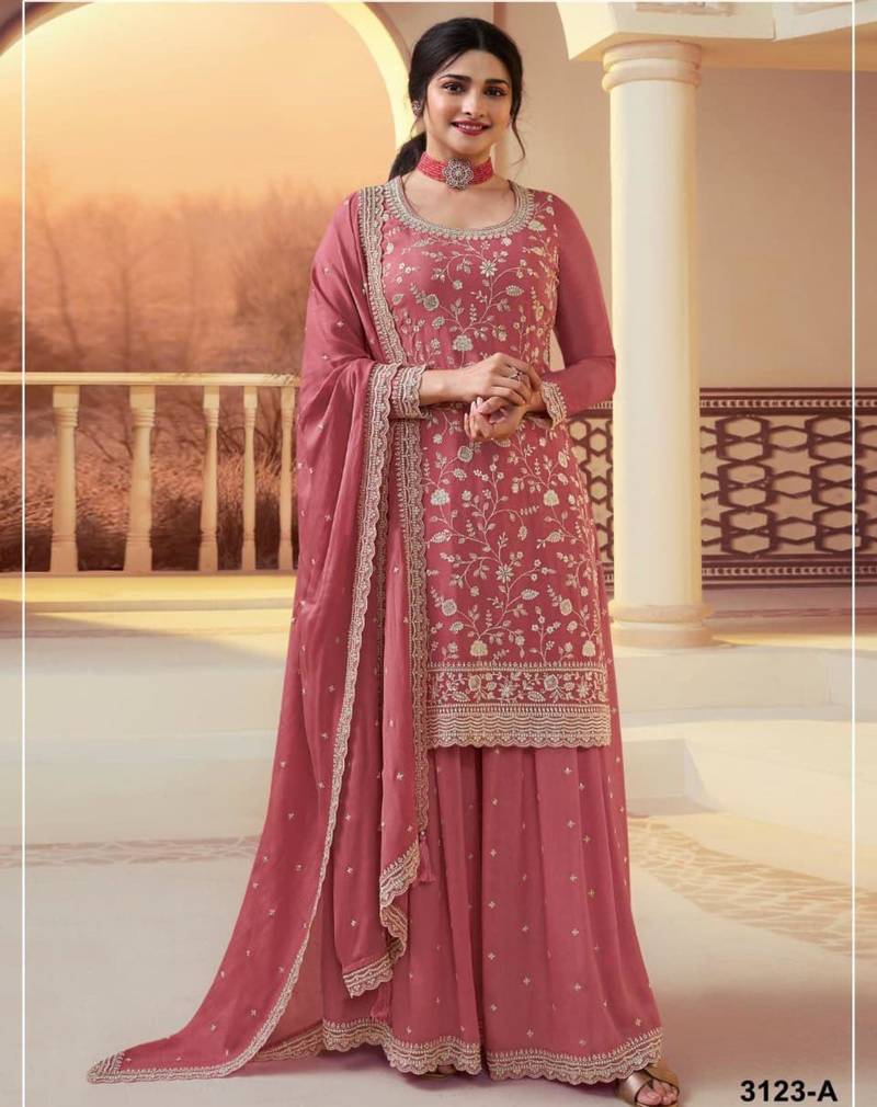 Peach silk blend embroidered palazzo set