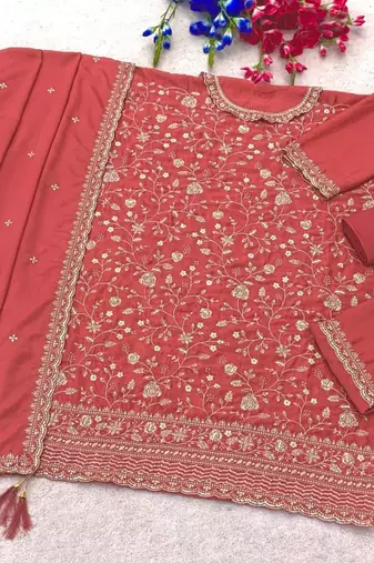 Peach silk blend embroidered palazzo set