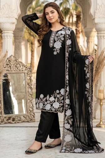 Black faux georgette embroidered kurta set