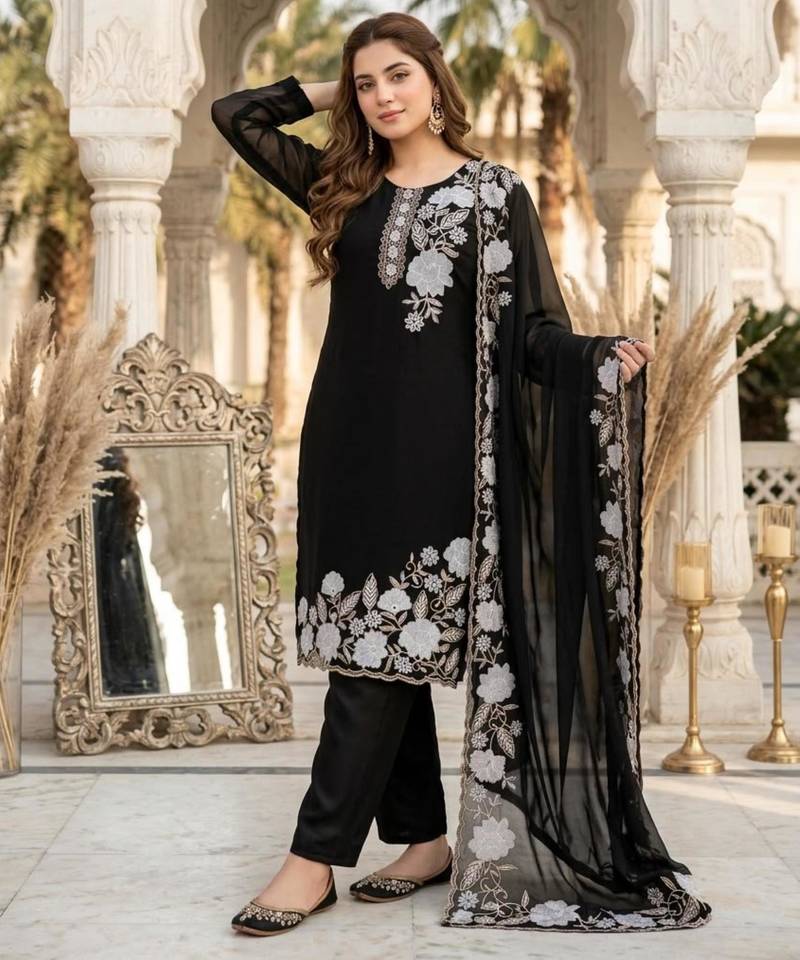 Black faux georgette embroidered kurta set