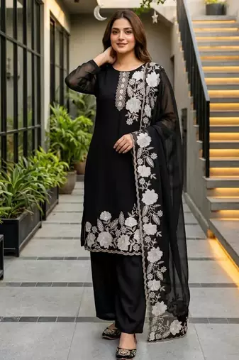 Black faux georgette embroidered kurta set