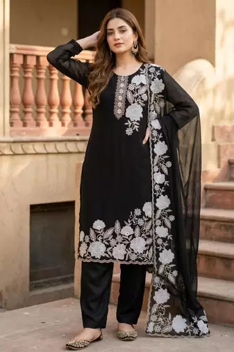 Black faux georgette embroidered kurta set