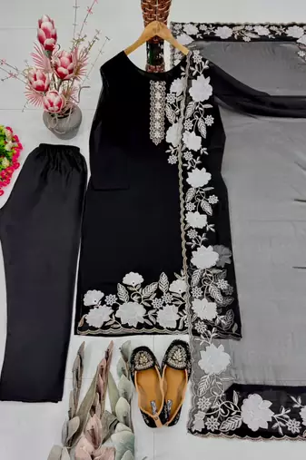 Black faux georgette embroidered kurta set