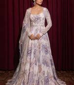 White georgette printed flared gown set